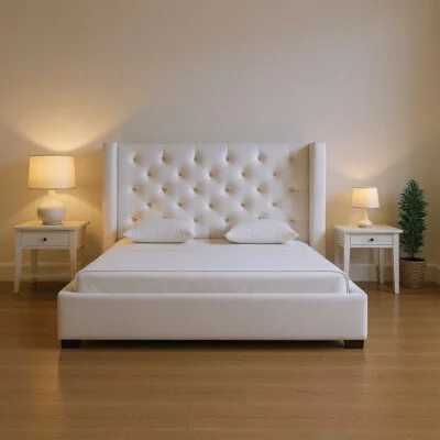 Cream upholstered bed with nightstands